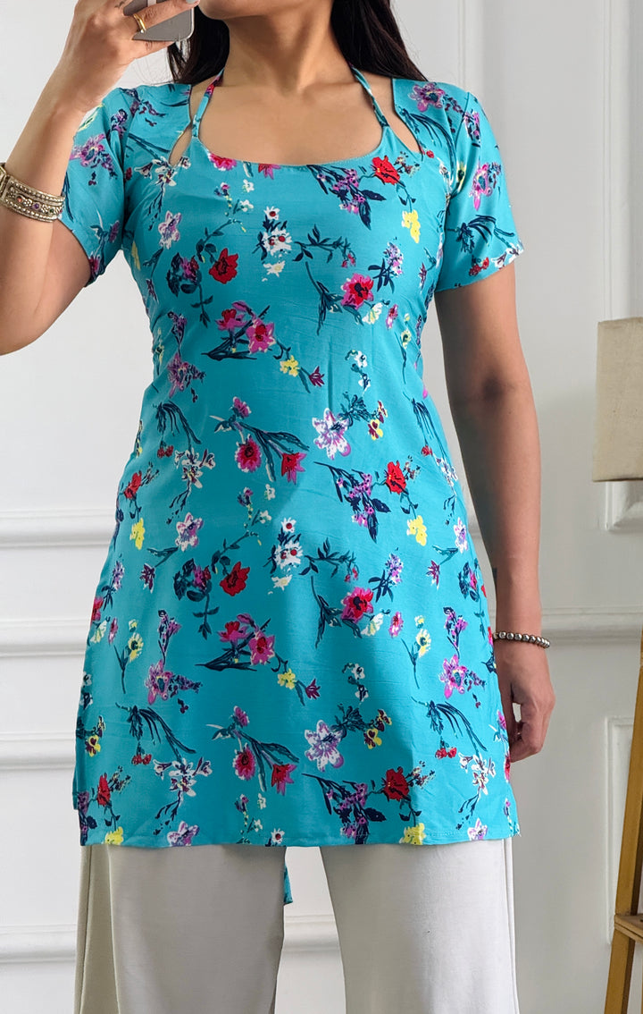 Aqua Blue Floral Print Cambric Cotton Kurti with Corset Back