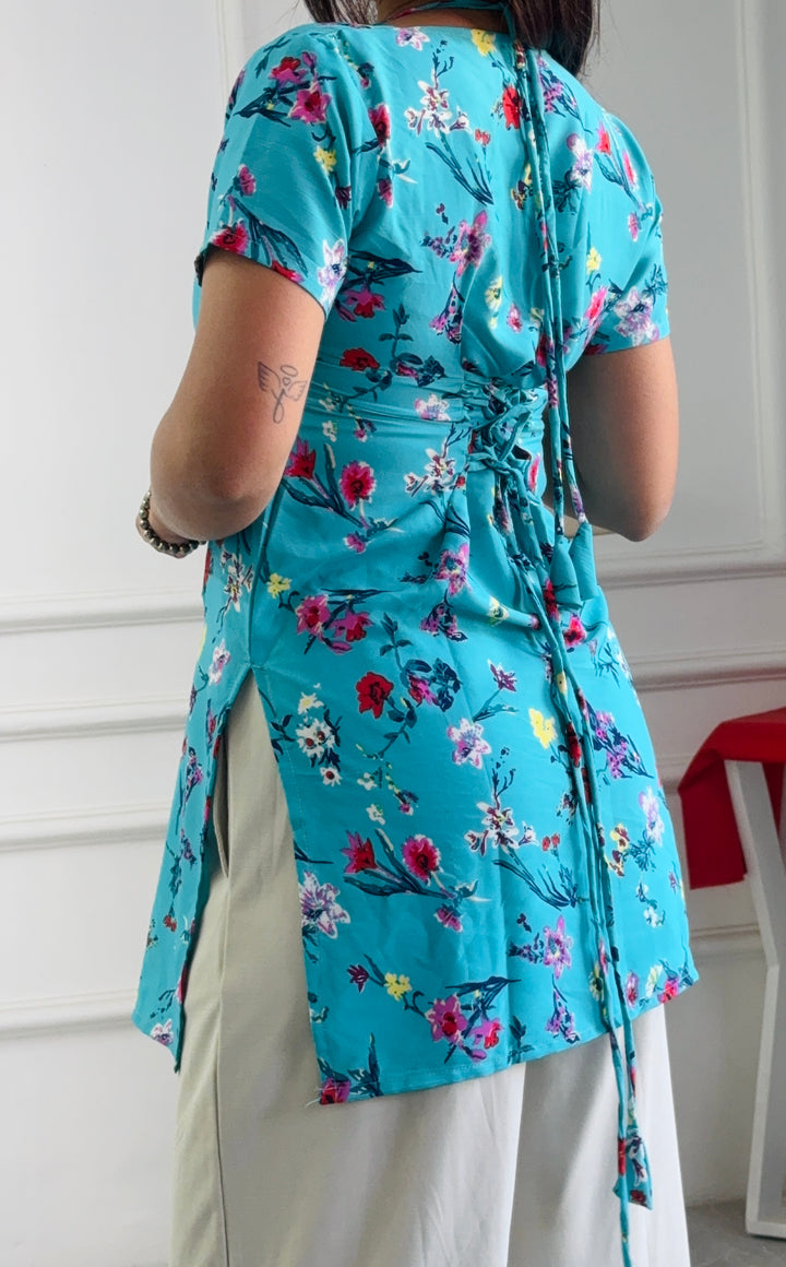 Aqua Blue Floral Print Cambric Cotton Kurti with Corset Back