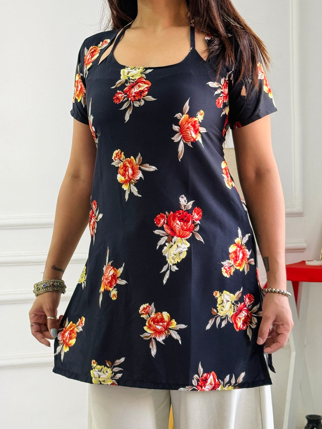 Tropical Black Floral Multi-Wear Tunic - Adjustable Fit