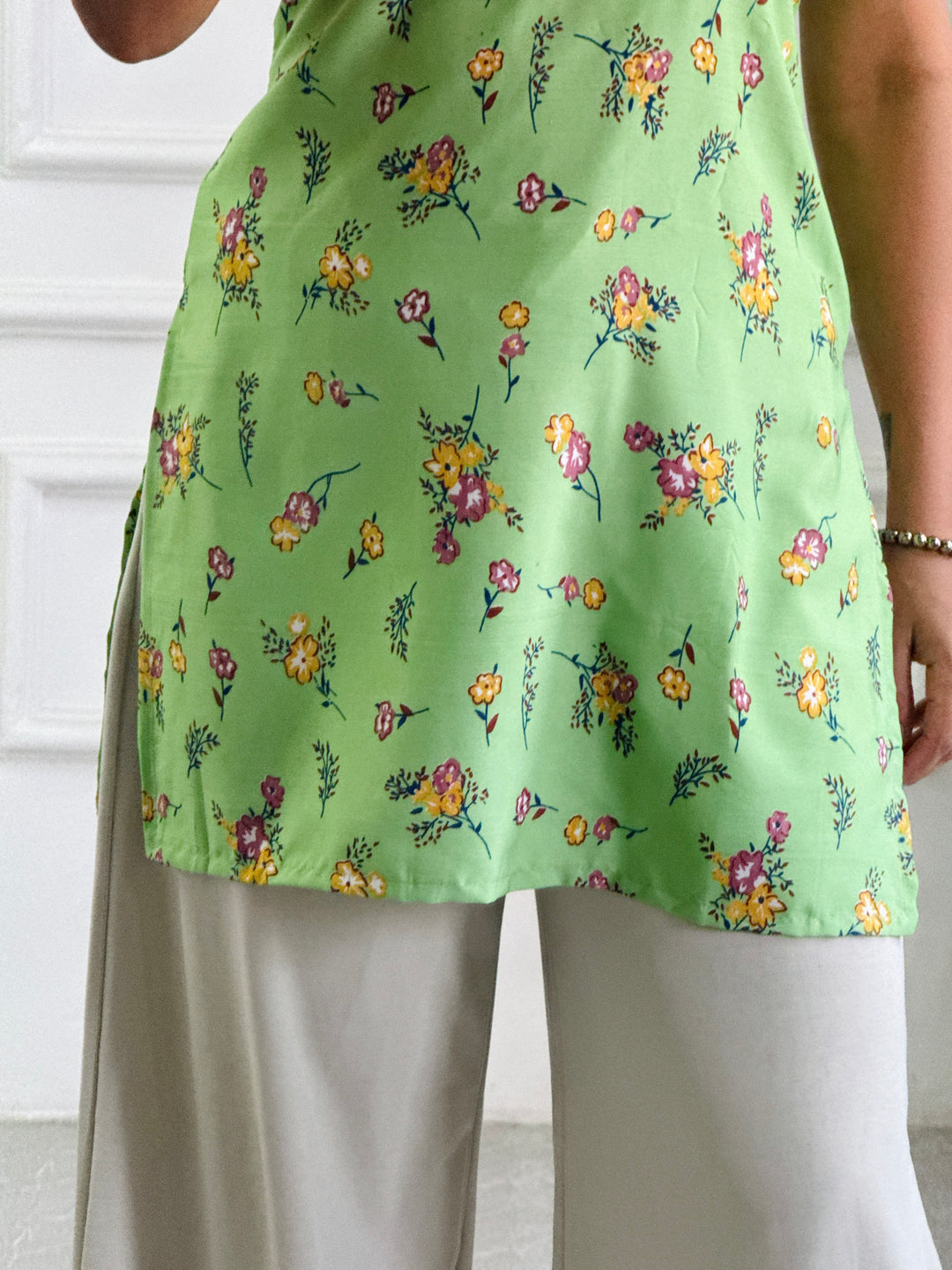 Lime Green Floral Cambric Cotton Kurti with Corset Back