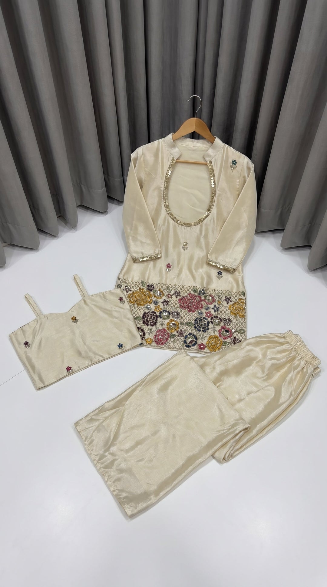 Ivory Cream Embroidered Kurta Set with Bustier & Palazzo for Women | Festive Ethnic Wear
