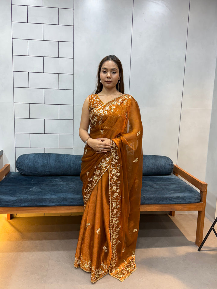 Rust Orange Space silk Saree with Golden Floral Embroidery & Designer Blouse - Festive & Party Wear
