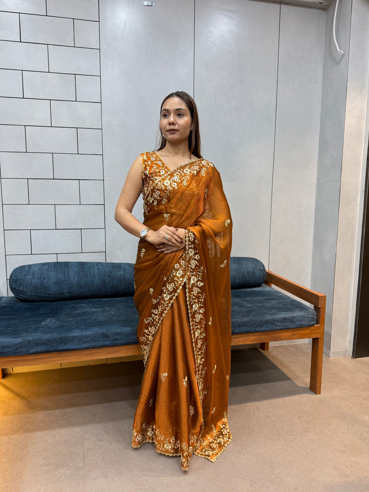 Rust Orange Space silk Saree with Golden Floral Embroidery & Designer Blouse - Festive & Party Wear