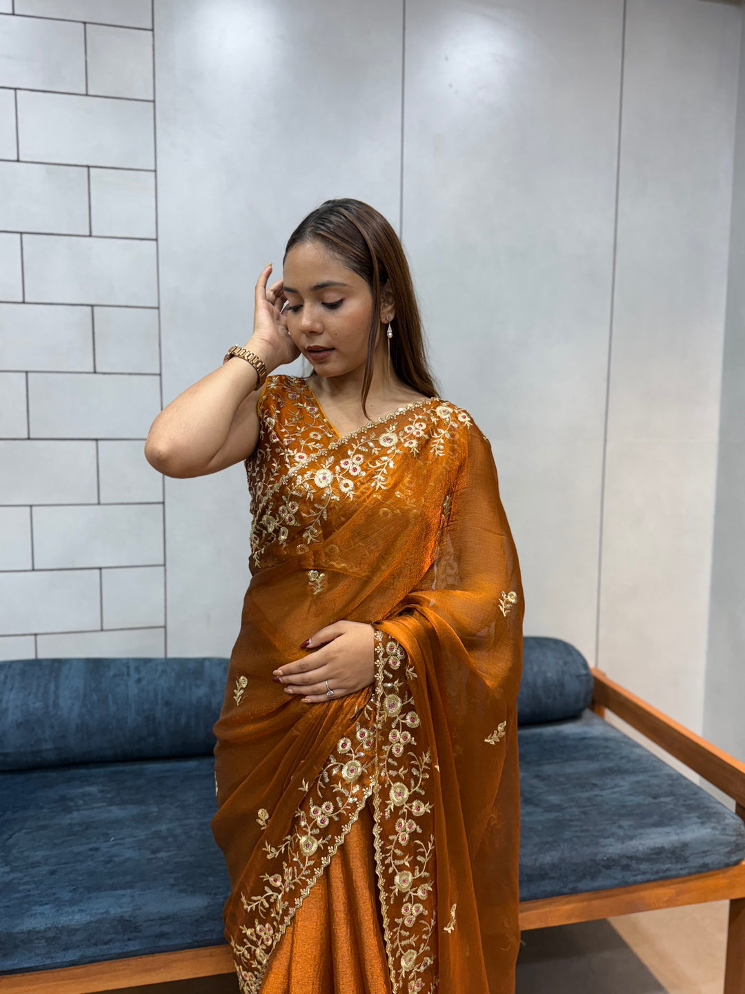 Rust Orange Space silk Saree with Golden Floral Embroidery & Designer Blouse - Festive & Party Wear
