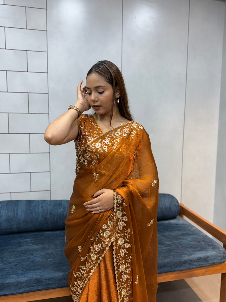 Rust Orange Space silk Saree with Golden Floral Embroidery & Designer Blouse - Festive & Party Wear