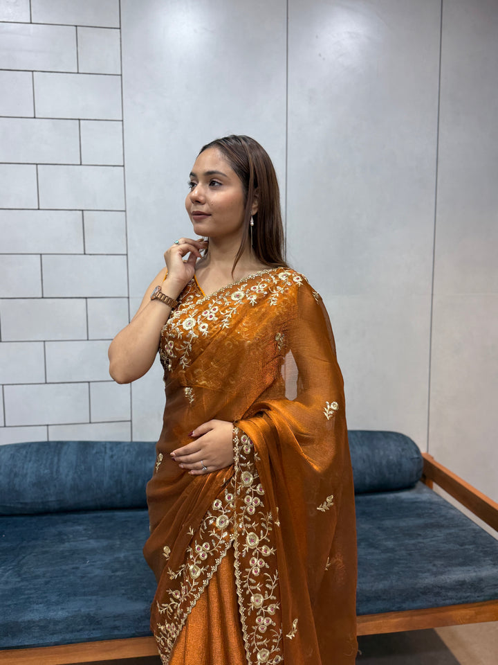 Rust Orange Space silk Saree with Golden Floral Embroidery & Designer Blouse - Festive & Party Wear
