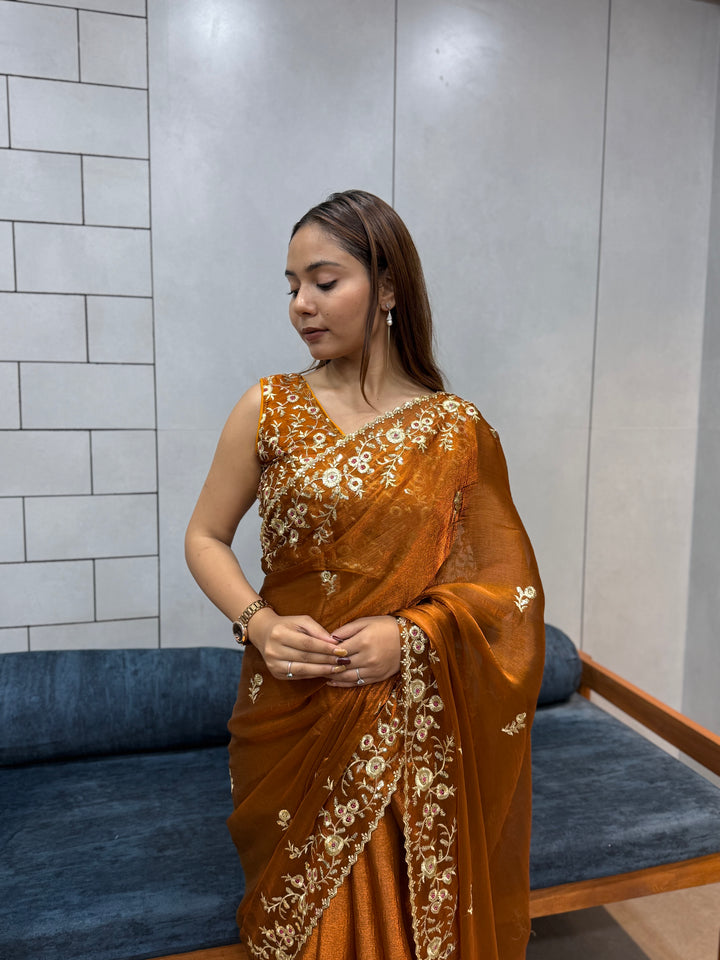 Rust Orange Space silk Saree with Golden Floral Embroidery & Designer Blouse - Festive & Party Wear