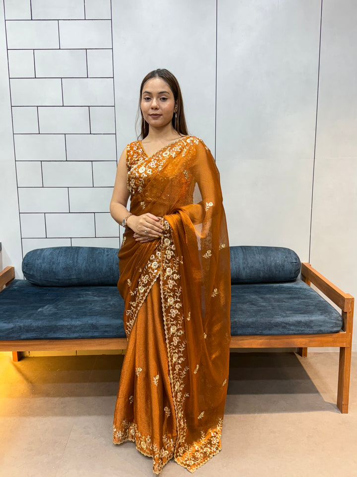 Rust Orange Space silk Saree with Golden Floral Embroidery & Designer Blouse - Festive & Party Wear