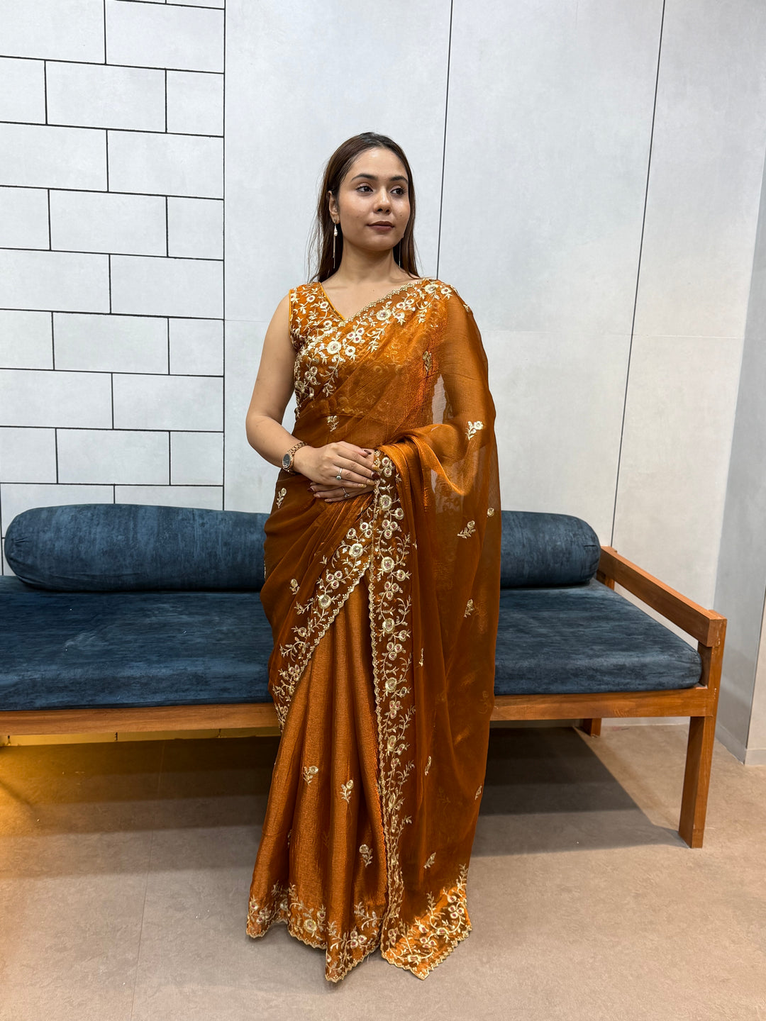 Rust Orange Space silk Saree with Golden Floral Embroidery & Designer Blouse - Festive & Party Wear