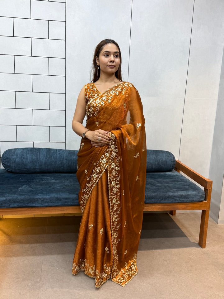 Rust Orange Space silk Saree with Golden Floral Embroidery & Designer Blouse - Festive & Party Wear