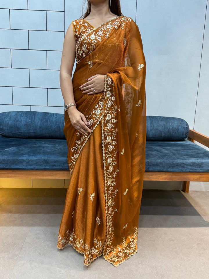 Rust Orange Space silk Saree with Golden Floral Embroidery & Designer Blouse - Festive & Party Wear