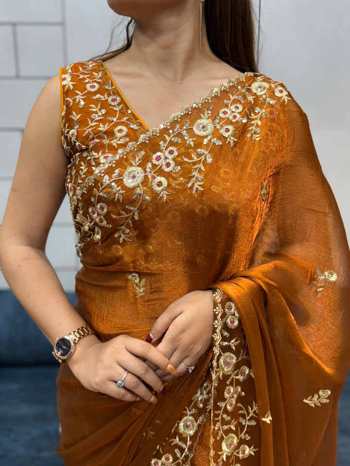 Rust Orange Space silk Saree with Golden Floral Embroidery & Designer Blouse - Festive & Party Wear