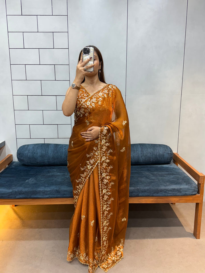 Rust Orange Space silk Saree with Golden Floral Embroidery & Designer Blouse - Festive & Party Wear