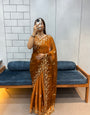 Rust Orange Space silk Saree with Golden Floral Embroidery & Designer Blouse - Festive & Party Wear