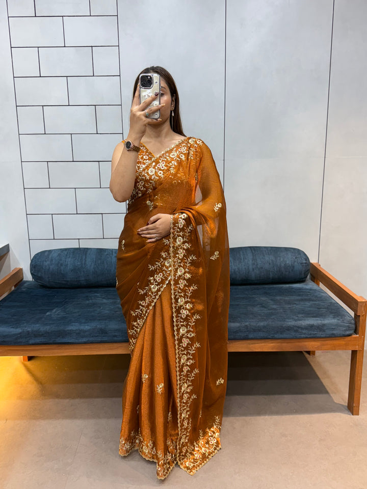 Rust Orange Space silk Saree with Golden Floral Embroidery & Designer Blouse - Festive & Party Wear
