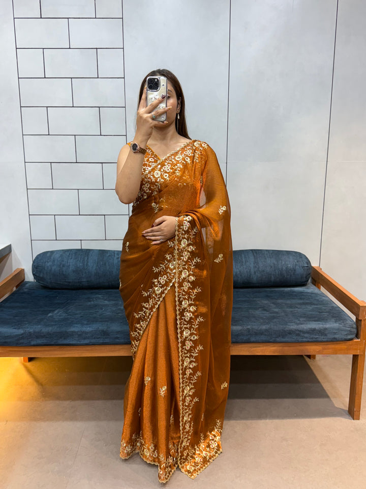 Rust Orange Space silk Saree with Golden Floral Embroidery & Designer Blouse - Festive & Party Wear