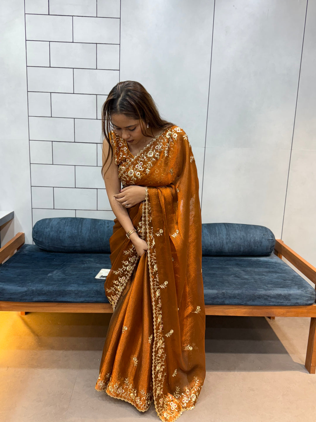 Rust Orange Space silk Saree with Golden Floral Embroidery & Designer Blouse - Festive & Party Wear
