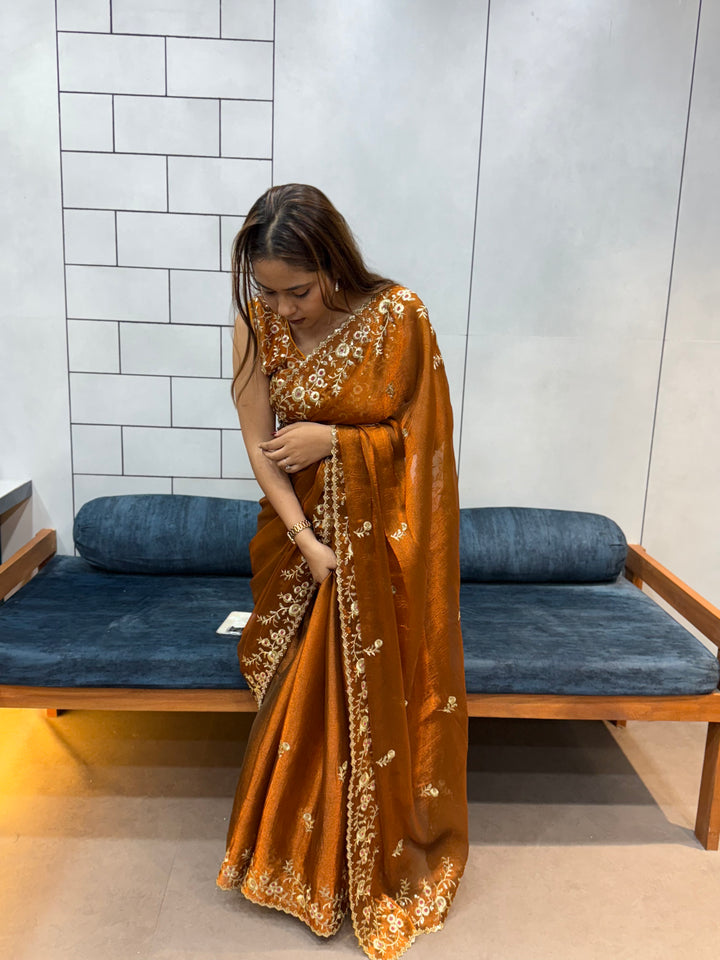 Rust Orange Space silk Saree with Golden Floral Embroidery & Designer Blouse - Festive & Party Wear