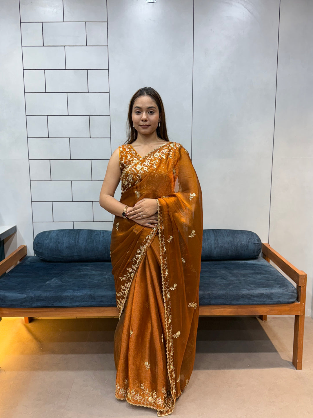 Rust Orange Space silk Saree with Golden Floral Embroidery & Designer Blouse - Festive & Party Wear