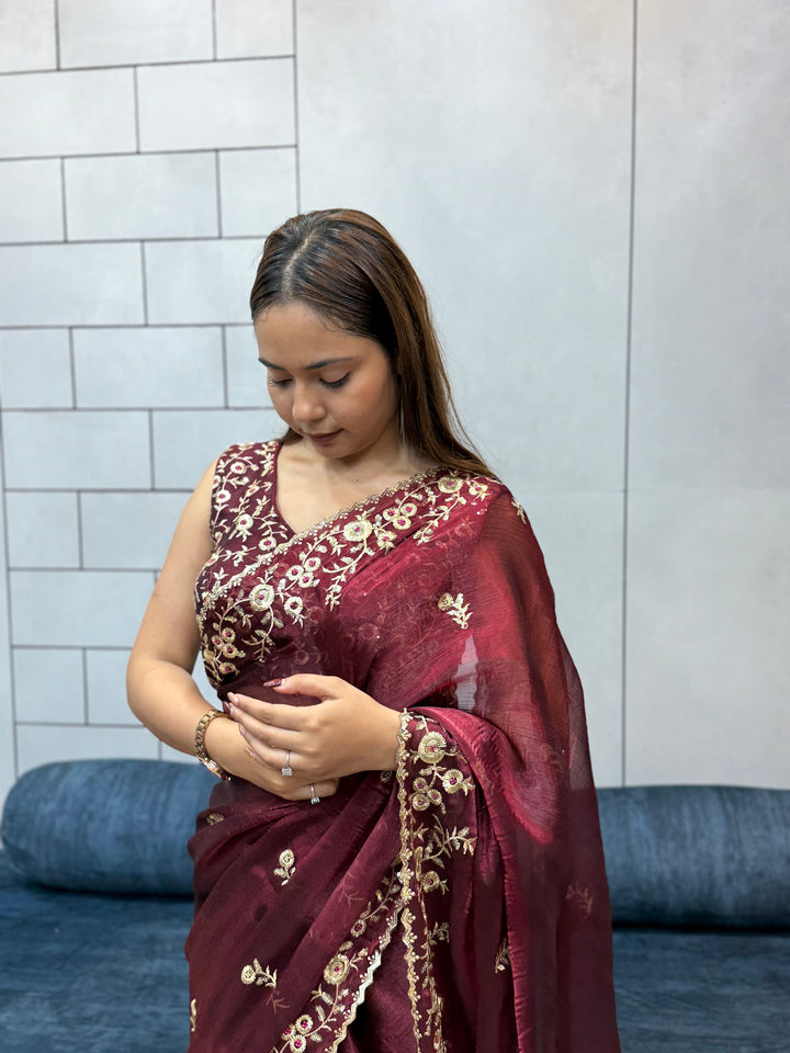 Wine color Space silk Saree with Golden Floral Embroidery & Designer Blouse - Festive & Party Wear
