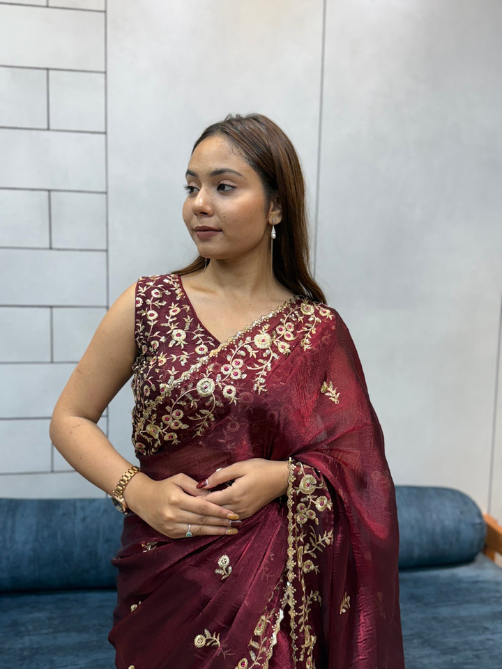 Wine color Space silk Saree with Golden Floral Embroidery & Designer Blouse - Festive & Party Wear