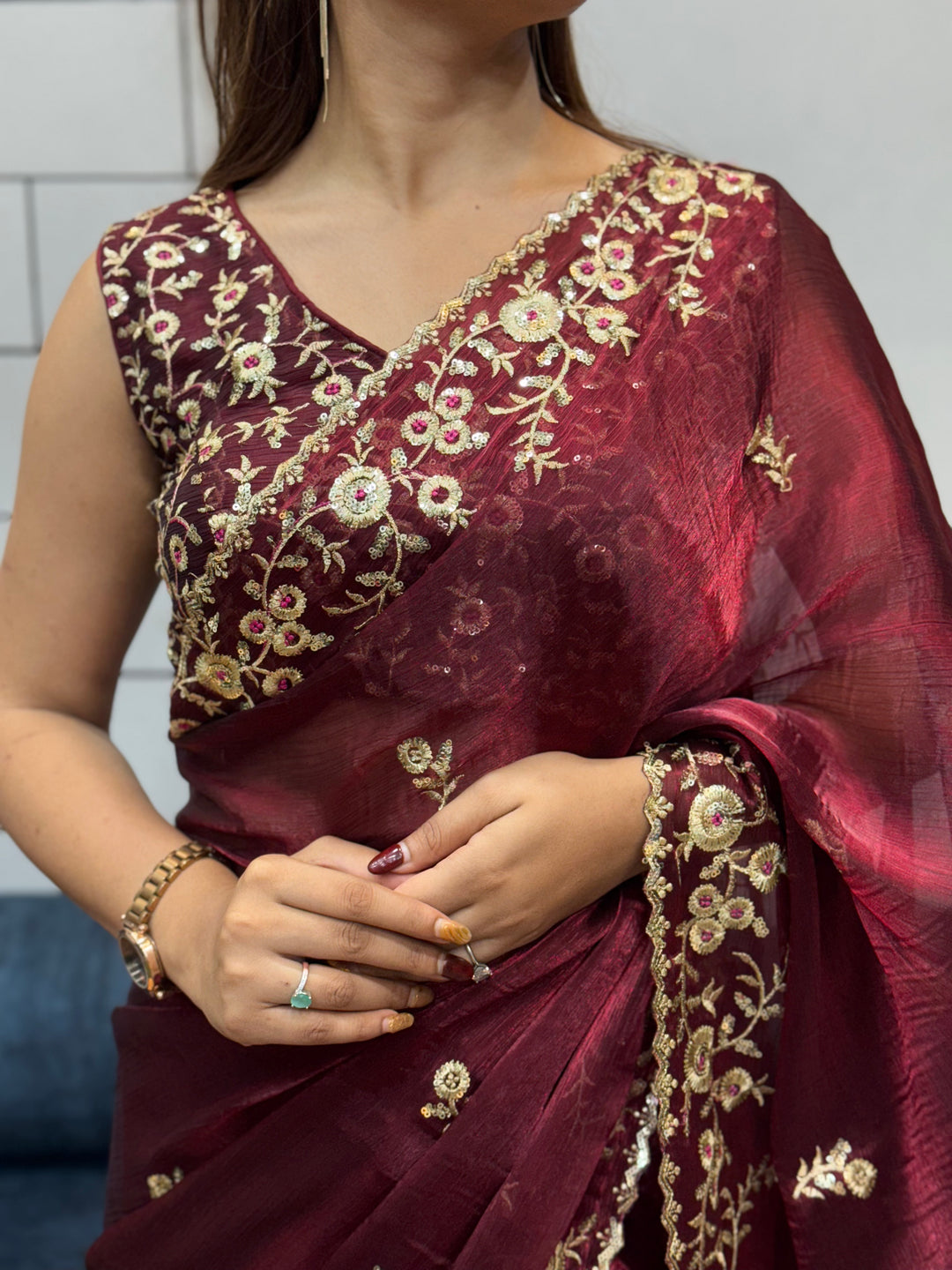 Wine color Space silk Saree with Golden Floral Embroidery & Designer Blouse - Festive & Party Wear