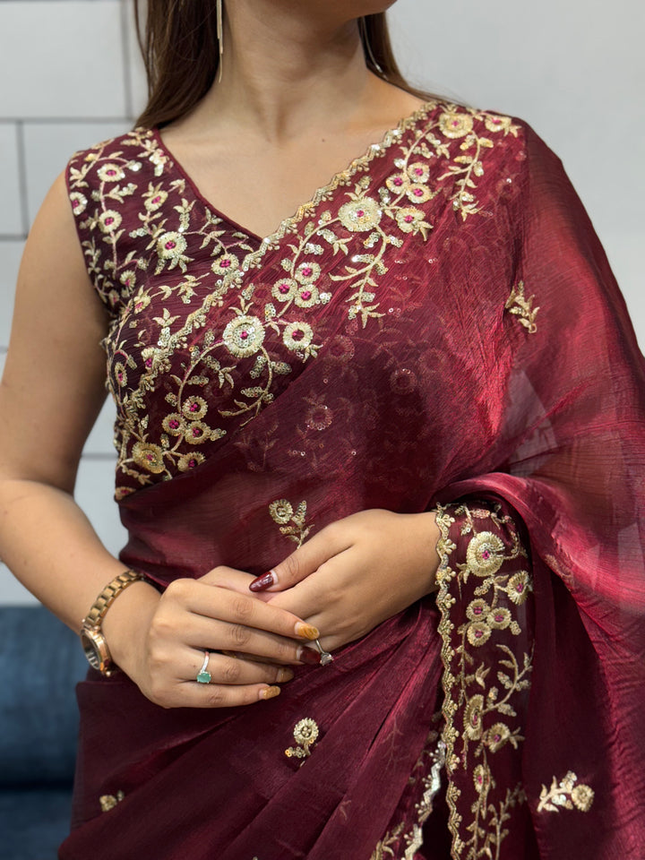 Wine color Space silk Saree with Golden Floral Embroidery & Designer Blouse - Festive & Party Wear