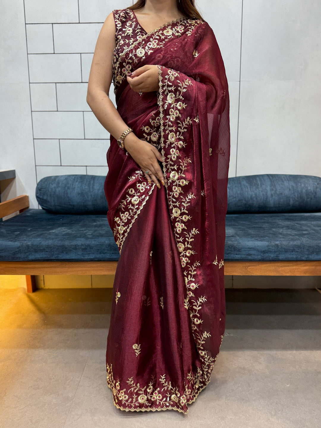 Wine color Space silk Saree with Golden Floral Embroidery & Designer Blouse - Festive & Party Wear