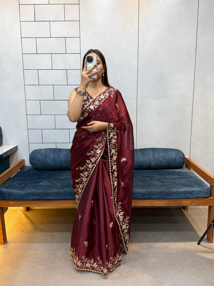 Wine color Space silk Saree with Golden Floral Embroidery & Designer Blouse - Festive & Party Wear