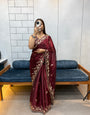 Wine color Space silk Saree with Golden Floral Embroidery & Designer Blouse - Festive & Party Wear
