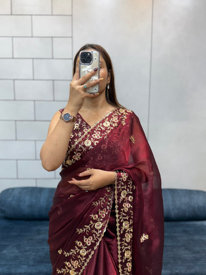 Wine color Space silk Saree with Golden Floral Embroidery & Designer Blouse - Festive & Party Wear