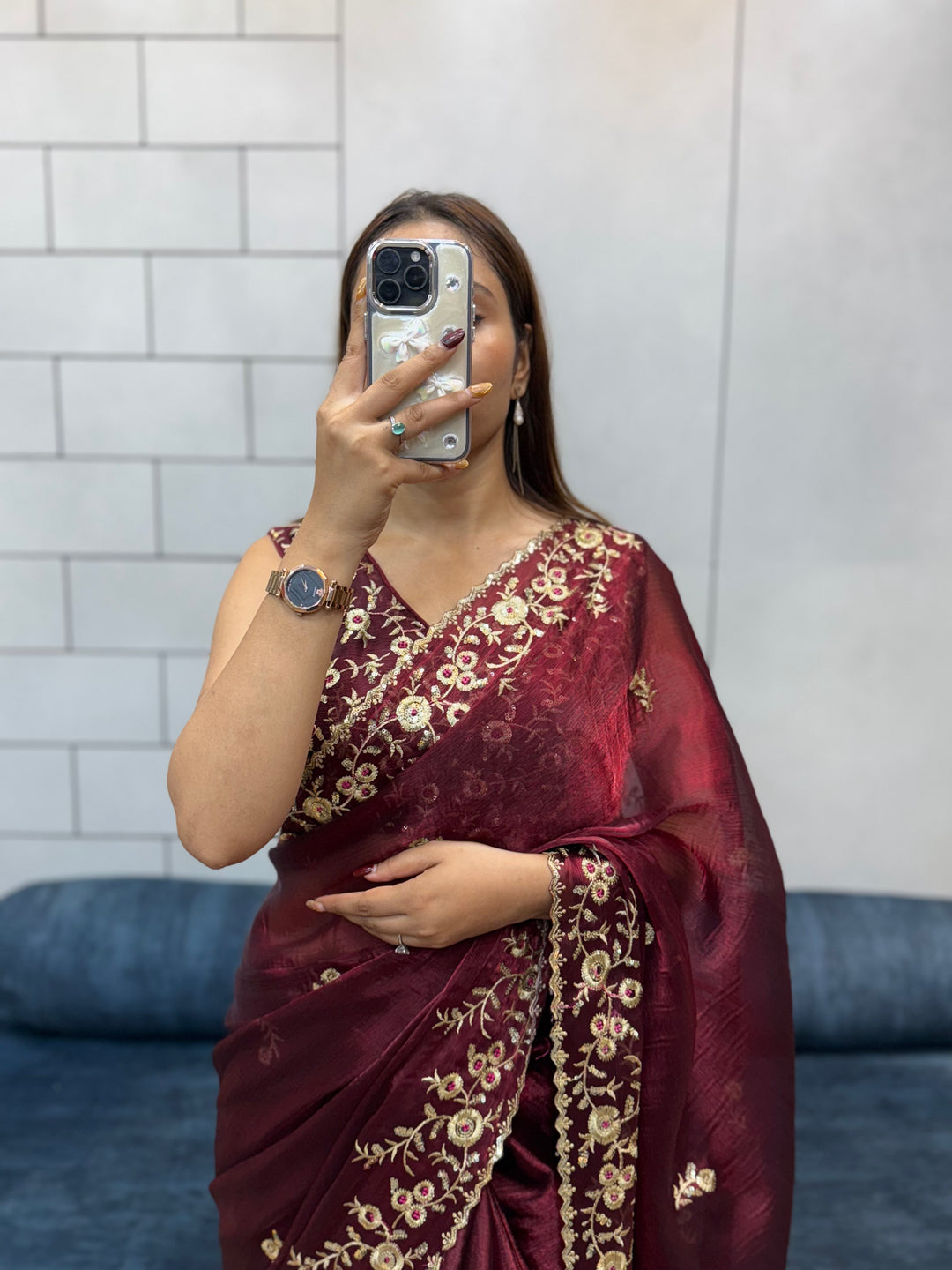 Wine color Space silk Saree with Golden Floral Embroidery & Designer Blouse - Festive & Party Wear
