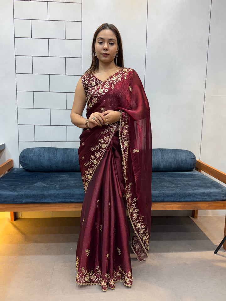 Wine color Space silk Saree with Golden Floral Embroidery & Designer Blouse - Festive & Party Wear