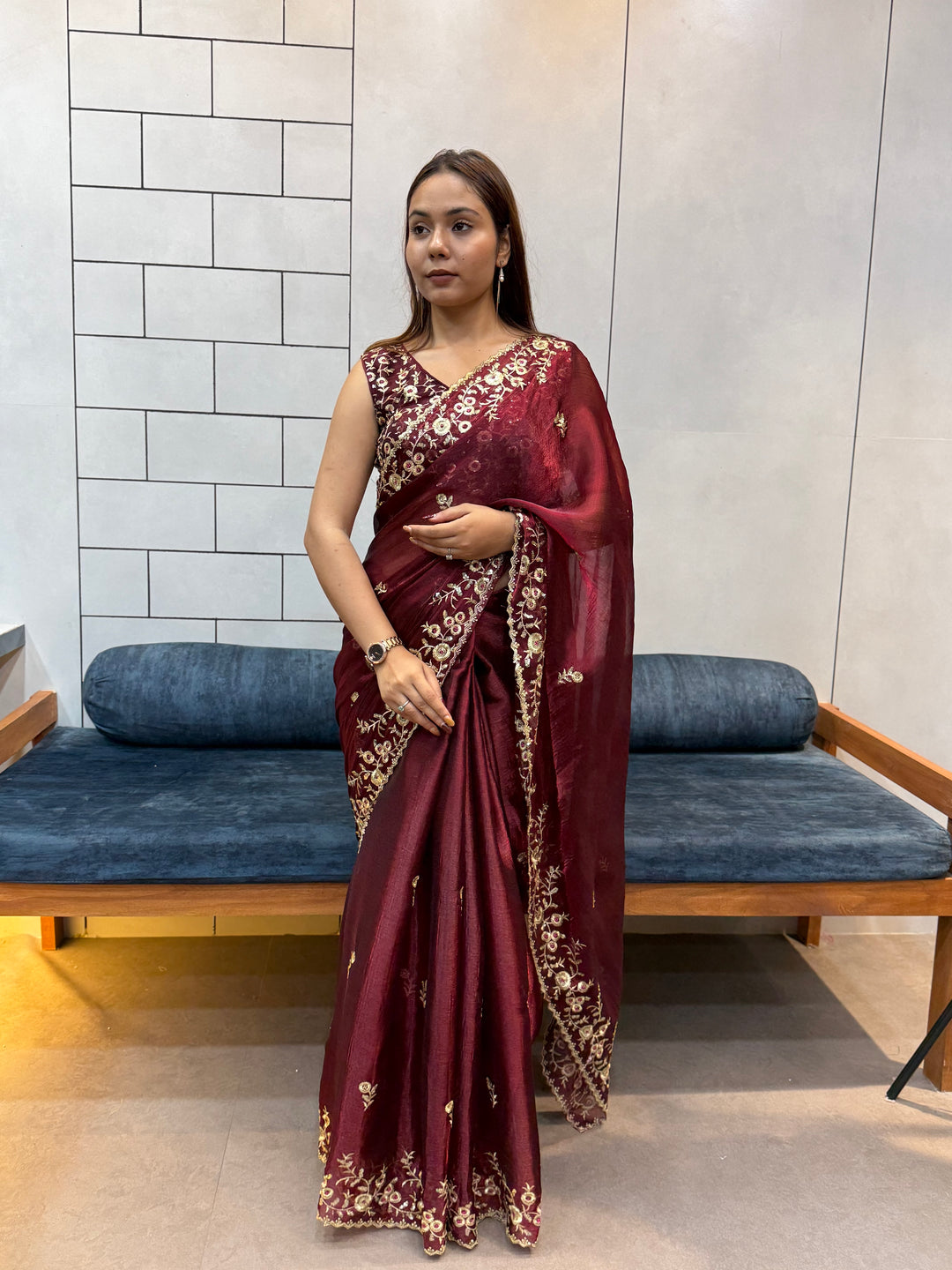 Wine color Space silk Saree with Golden Floral Embroidery & Designer Blouse - Festive & Party Wear