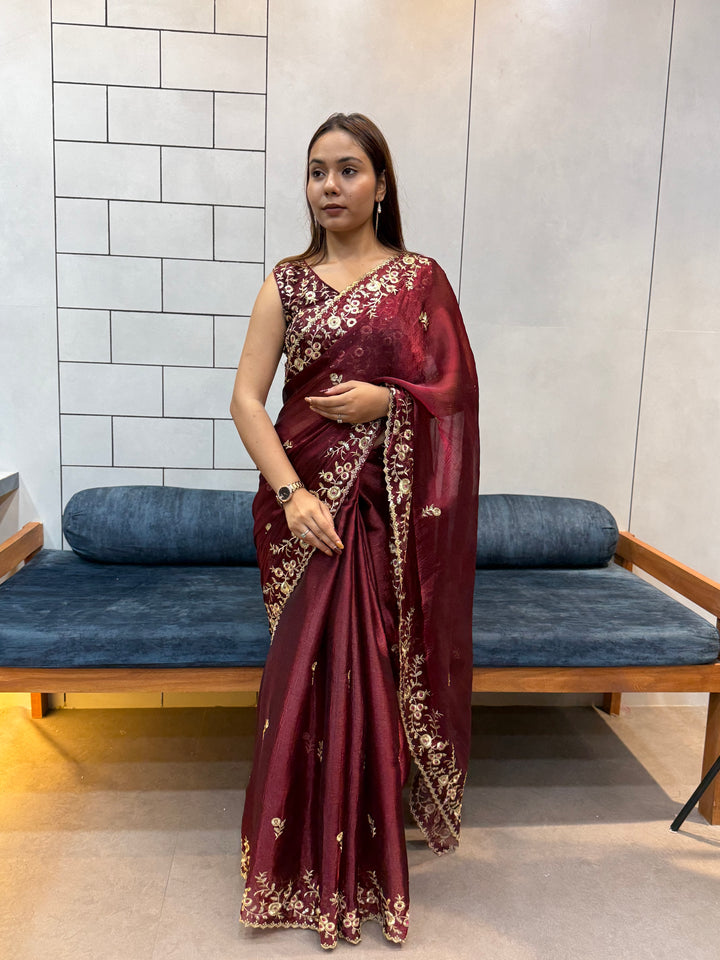 Wine color Space silk Saree with Golden Floral Embroidery & Designer Blouse - Festive & Party Wear