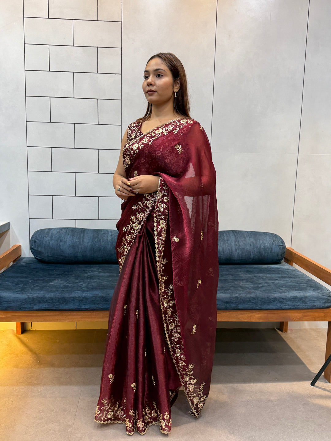 Wine color Space silk Saree with Golden Floral Embroidery & Designer Blouse - Festive & Party Wear