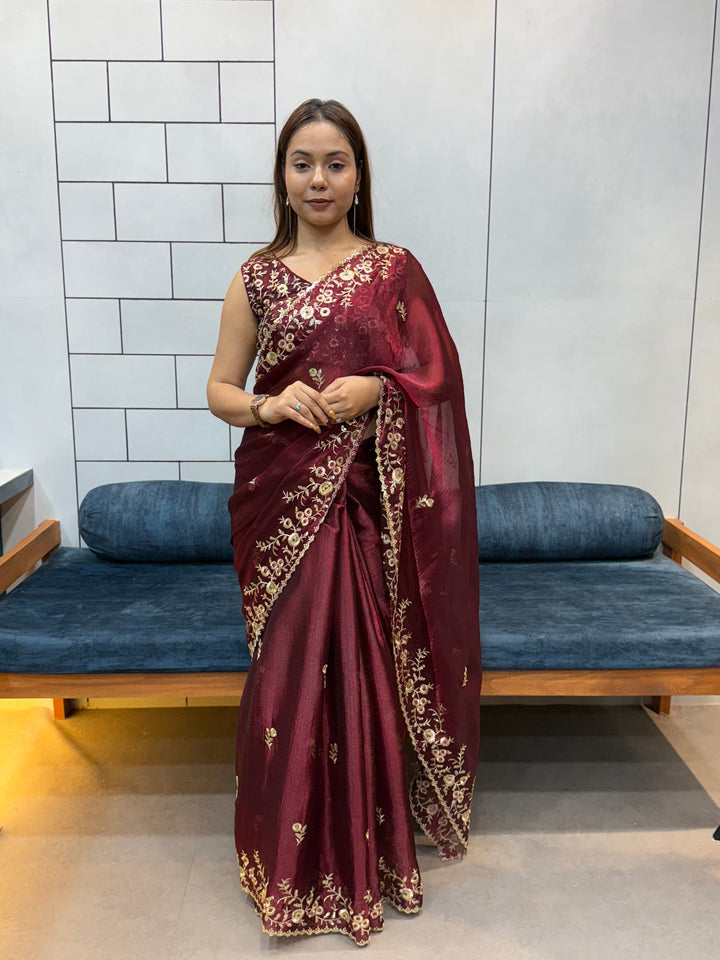Wine color Space silk Saree with Golden Floral Embroidery & Designer Blouse - Festive & Party Wear