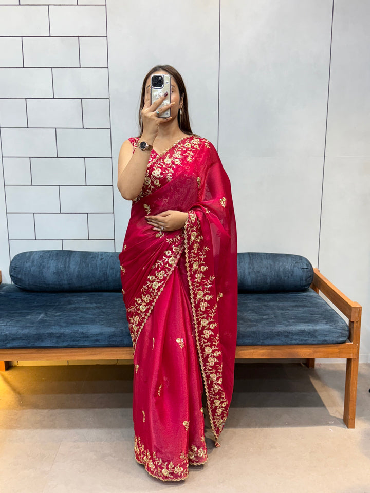 Rani Pink Space silk Saree with Golden Floral Embroidery & Designer Blouse - Festive & Party Wear