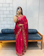 Rani Pink Space silk Saree with Golden Floral Embroidery & Designer Blouse - Festive & Party Wear