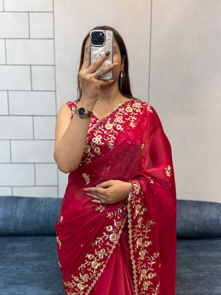 Rani Pink Space silk Saree with Golden Floral Embroidery & Designer Blouse - Festive & Party Wear