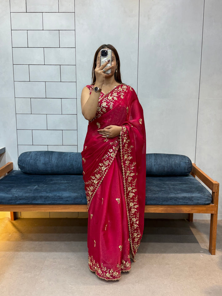 Rani Pink Space silk Saree with Golden Floral Embroidery & Designer Blouse - Festive & Party Wear