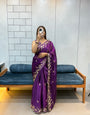 Jamuni Purple Space silk Saree with Golden Floral Embroidery & Designer Blouse - Festive & Party Wear