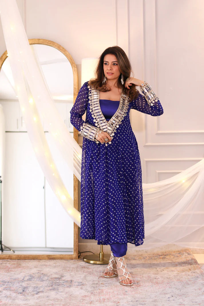 Designer Mirror Work Anarkali Suit Set for Women – Georgette Fabric | Available in Mehendi Green, Royal Blue, Black  & Wine Purple