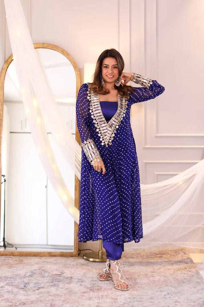 Designer Mirror Work Anarkali Suit Set for Women – Georgette Fabric | Available in Mehendi Green, Royal Blue, Black  & Wine Purple
