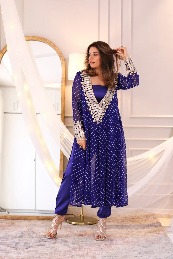 Designer Mirror Work Anarkali Suit Set for Women – Georgette Fabric | Available in Mehendi Green, Royal Blue, Black  & Wine Purple