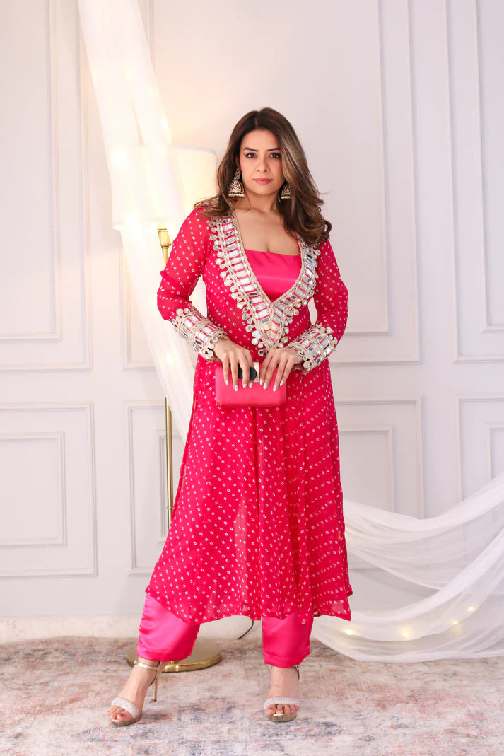 Designer Mirror Work Anarkali Suit Set for Women – Georgette Fabric | Available in Mehendi Green, Royal Blue, Black  & Wine Purple