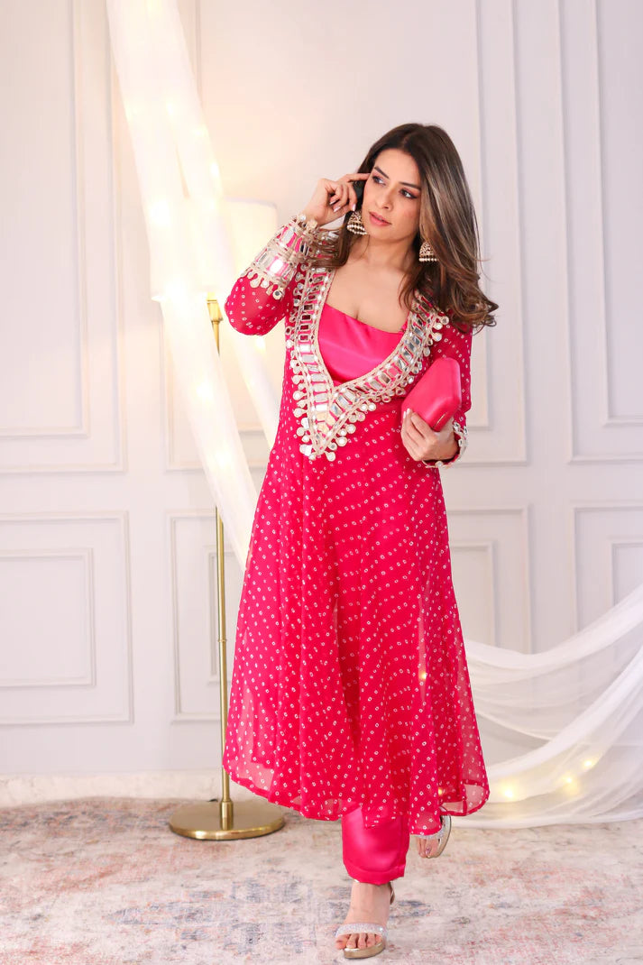 Designer Mirror Work Anarkali Suit Set for Women – Georgette Fabric | Available in Mehendi Green, Royal Blue, Black  & Wine Purple