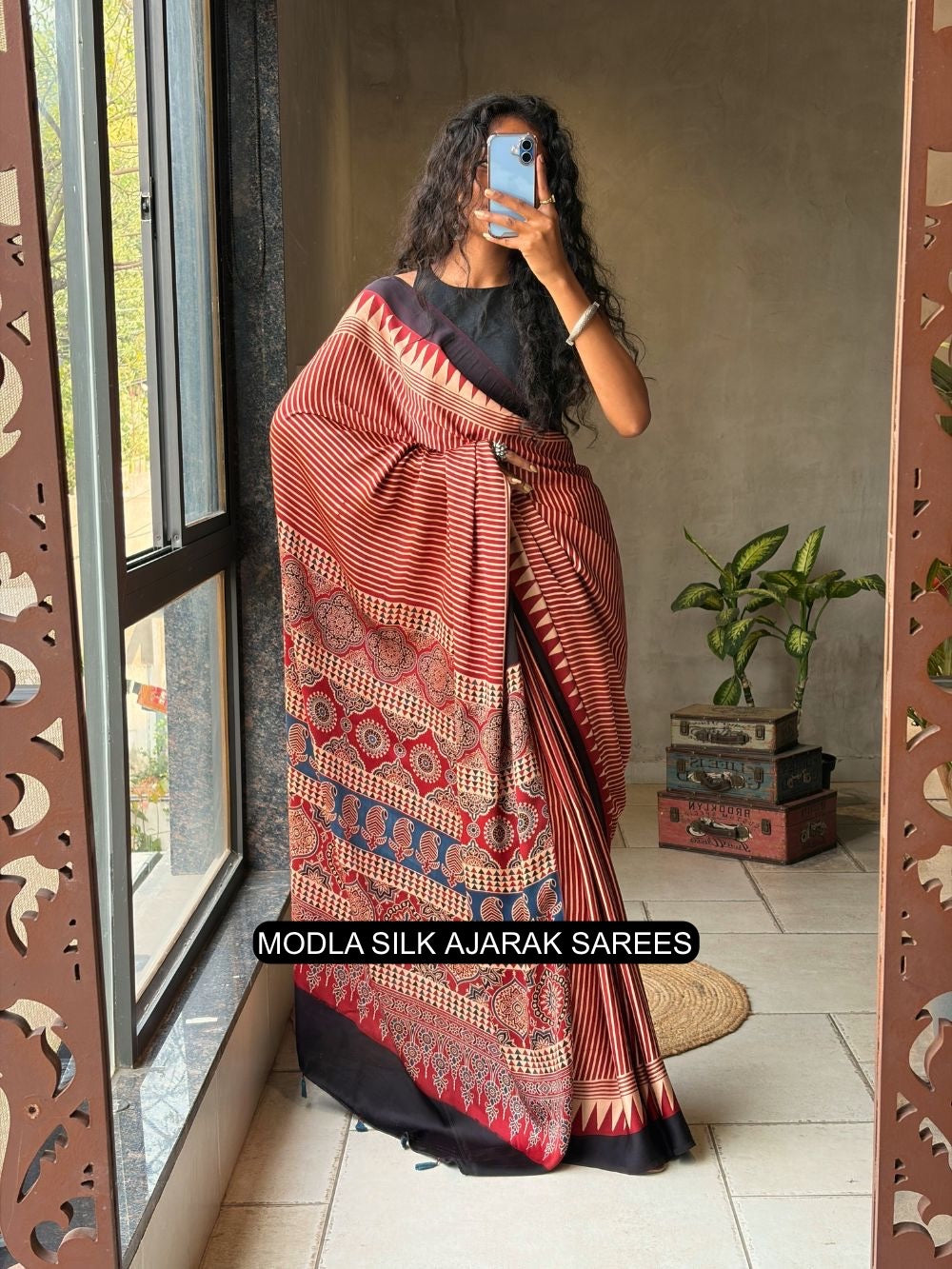Red & Beige Modal Silk Ajrakh Printed Saree with Striped Design, Heritage Pallu & Tassel Detailing