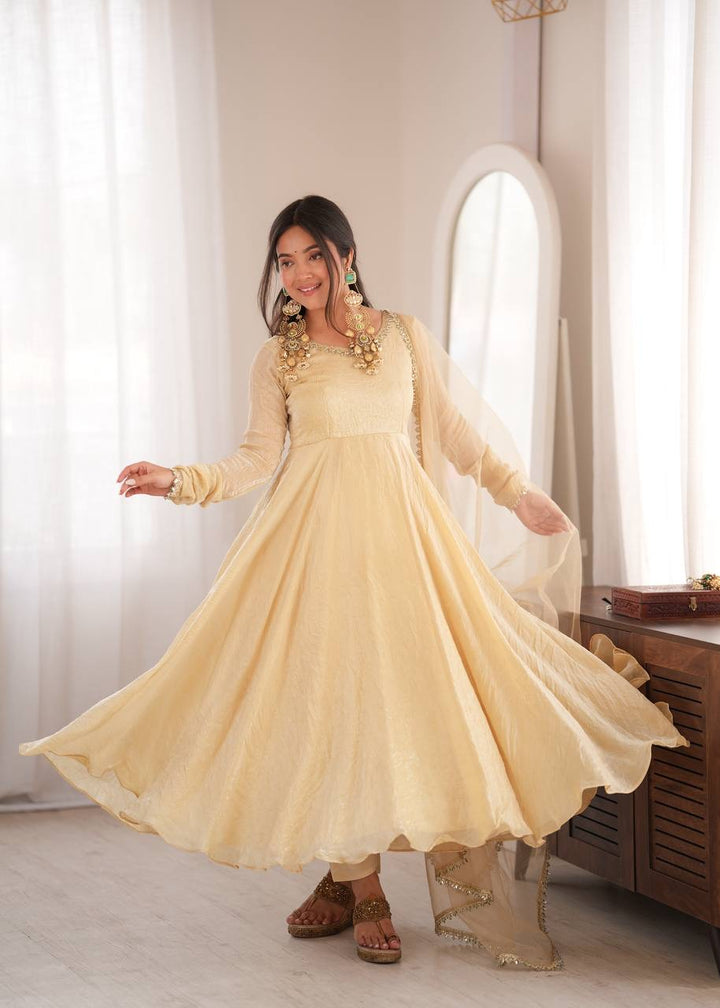 Elegant Cream Gold Anarkali Suit Set with Lace-Trimmed Dupatta