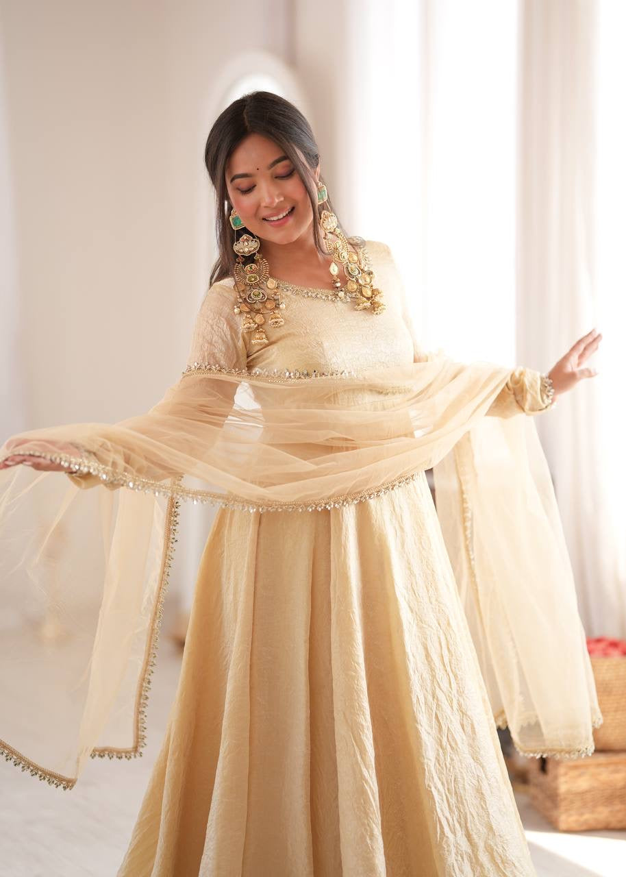 Elegant Cream Gold Anarkali Suit Set with Lace-Trimmed Dupatta